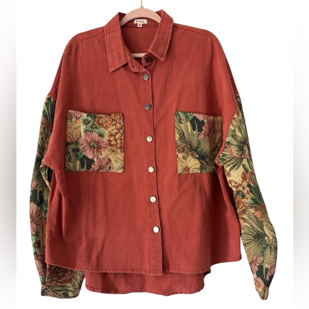 POL Tapestry Oversized Worn Red Denim Overshirt